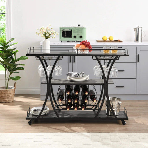 Industrial Style Kitchen Bar Cart with Wheels, 3-Tier Storage Shelves, Black and Gray, Iron, 44.09' Default -DTYStore
