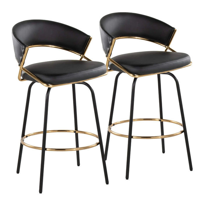 Jie 26' Fixed-Height Contemporary Counter Stool with Swivel in Gold Metal and Black Faux Leather with Black Metal Legs and Round Gold Metal Footrest by LumiSource - Set of 2 Default -DTYStore