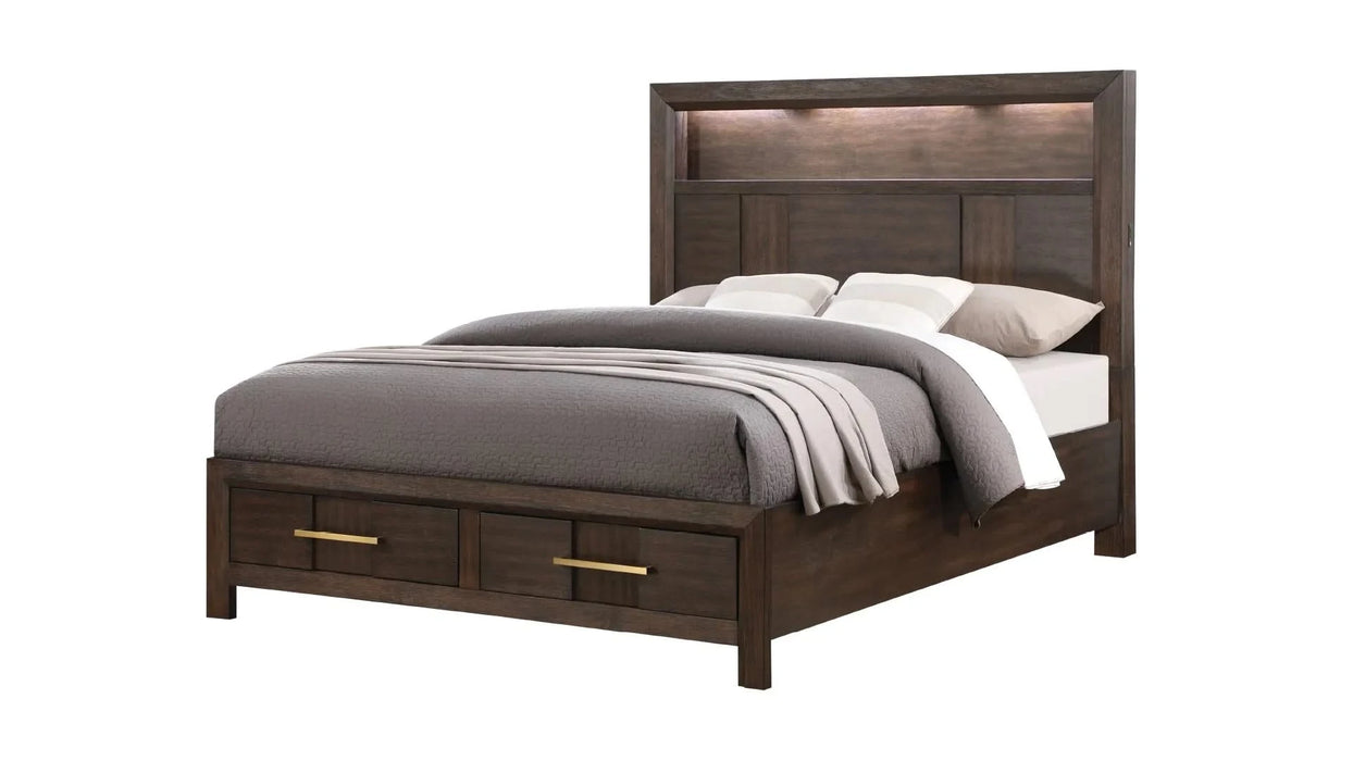 KENZO Modern Style Full 5PC Storage Bedroom Set Made with Wood, LED Headboard, Bluetooth Speakers & USB Ports - Walnut Default -DTYStore