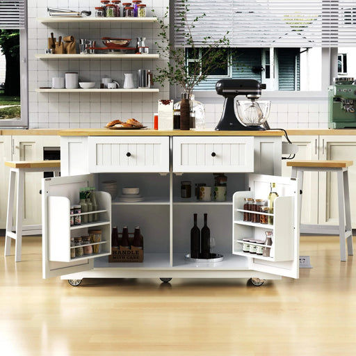 K&K 48 inch Large Kitchen Island with Drop Leaf,Power Outlet,Internal Storage Rack,Rolling Kitchen Storage Cart on 5 Wheels with 5 Open Side Racks for Kitchen,Dining Room,White (Not include Stools) Default -DTYStore
