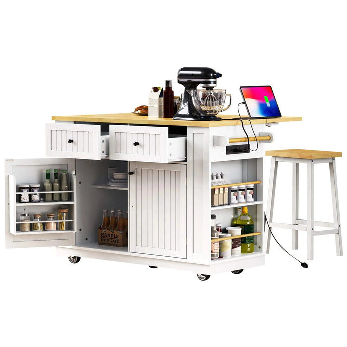 K&K 48 inch Large Kitchen Island with Drop Leaf,Power Outlet,Internal Storage Rack,Rolling Kitchen Storage Cart on 5 Wheels with 5 Open Side Racks for Kitchen,Dining Room,White (Not include Stools) Default -DTYStore