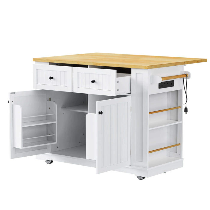 K&K 48 inch Large Kitchen Island with Drop Leaf,Power Outlet,Internal Storage Rack,Rolling Kitchen Storage Cart on 5 Wheels with 5 Open Side Racks for Kitchen,Dining Room,White (Not include Stools) Default -DTYStore