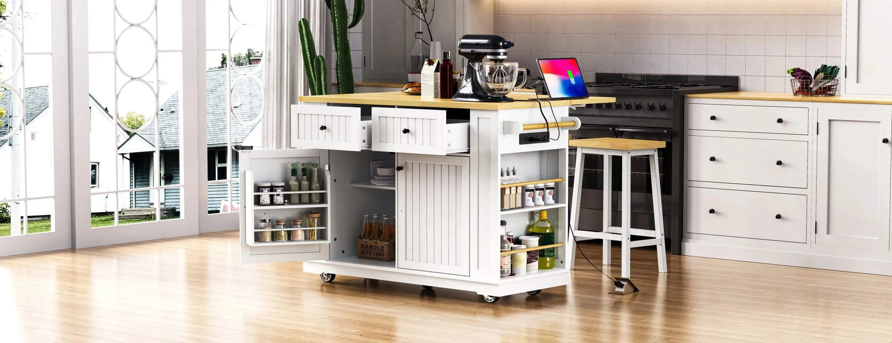 K&K 48 inch Large Kitchen Island with Drop Leaf,Power Outlet,Internal Storage Rack,Rolling Kitchen Storage Cart on 5 Wheels with 5 Open Side Racks for Kitchen,Dining Room,White (Not include Stools) Default -DTYStore