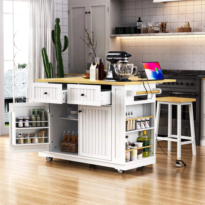 K&K 48 inch Large Kitchen Island with Drop Leaf,Power Outlet,Internal Storage Rack,Rolling Kitchen Storage Cart on 5 Wheels with 5 Open Side Racks for Kitchen,Dining Room,White (Not include Stools) Default -DTYStore