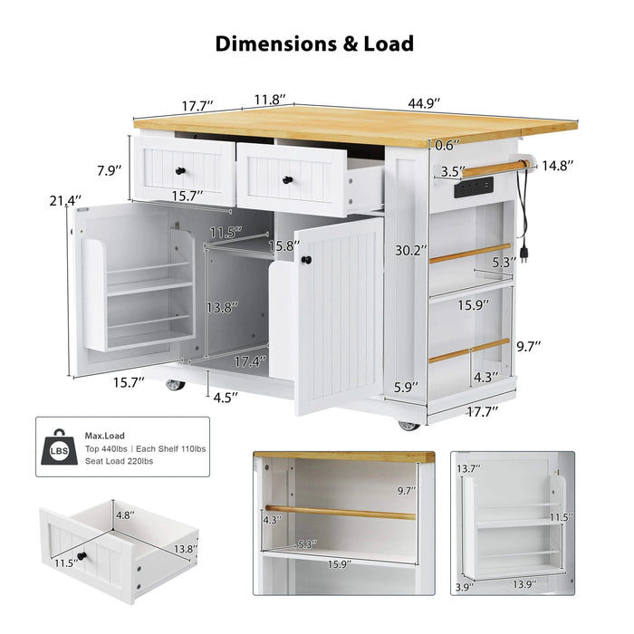 K&K 48 inch Large Kitchen Island with Drop Leaf,Power Outlet,Internal Storage Rack,Rolling Kitchen Storage Cart on 5 Wheels with 5 Open Side Racks for Kitchen,Dining Room,White (Not include Stools) Default -DTYStore
