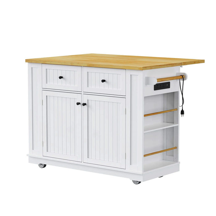 K&K 48 inch Large Kitchen Island with Drop Leaf,Power Outlet,Internal Storage Rack,Rolling Kitchen Storage Cart on 5 Wheels with 5 Open Side Racks for Kitchen,Dining Room,White (Not include Stools) Default -DTYStore