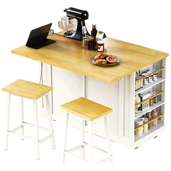 K&K 48 inch Large Kitchen Island with Drop Leaf,Power Outlet,Internal Storage Rack,Rolling Kitchen Storage Cart on 5 Wheels with 5 Open Side Racks for Kitchen,Dining Room,White (Not include Stools) Default -DTYStore