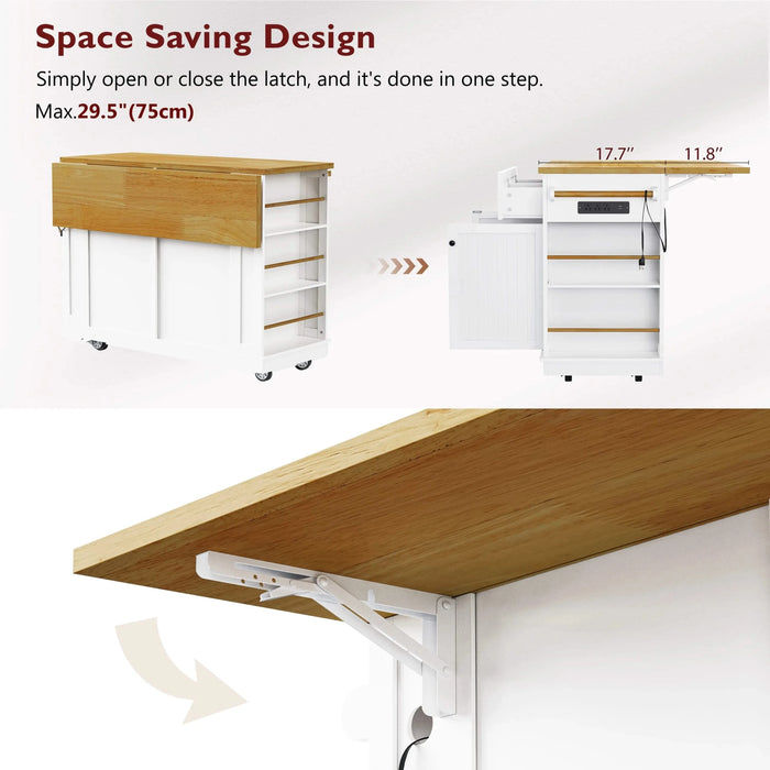 K&K 48 inch Large Kitchen Island with Drop Leaf,Power Outlet,Internal Storage Rack,Rolling Kitchen Storage Cart on 5 Wheels with 5 Open Side Racks for Kitchen,Dining Room,White (Not include Stools) Default -DTYStore