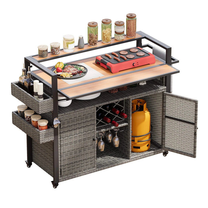K&K 52.8'W Wicker Outdoor Grill Cart with Extended Plastic Wood Table Top, Rolling Kitchen Island on Wheels with Storage Cabinet, for Patio Backyard Garden Poolside, Double Handle Design, Grey Default -DTYStore
