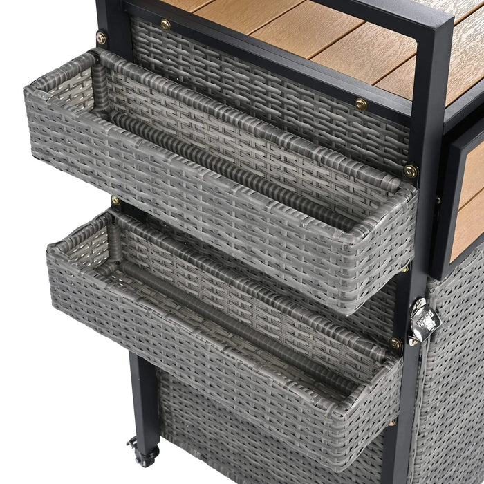 K&K 52.8'W Wicker Outdoor Grill Cart with Extended Plastic Wood Table Top, Rolling Kitchen Island on Wheels with Storage Cabinet, for Patio Backyard Garden Poolside, Double Handle Design, Grey Default -DTYStore