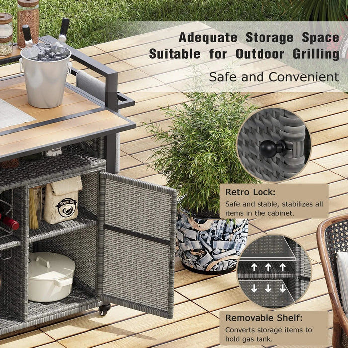 K&K 52.8'W Wicker Outdoor Grill Cart with Extended Plastic Wood Table Top, Rolling Kitchen Island on Wheels with Storage Cabinet, for Patio Backyard Garden Poolside, Double Handle Design, Grey Default -DTYStore