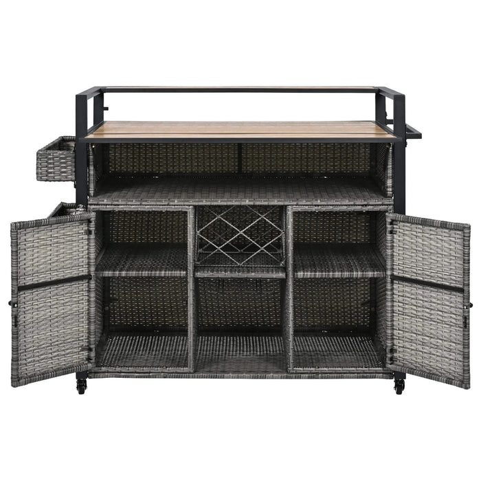 K&K 52.8'W Wicker Outdoor Grill Cart with Extended Plastic Wood Table Top, Rolling Kitchen Island on Wheels with Storage Cabinet, for Patio Backyard Garden Poolside, Double Handle Design, Grey Default -DTYStore