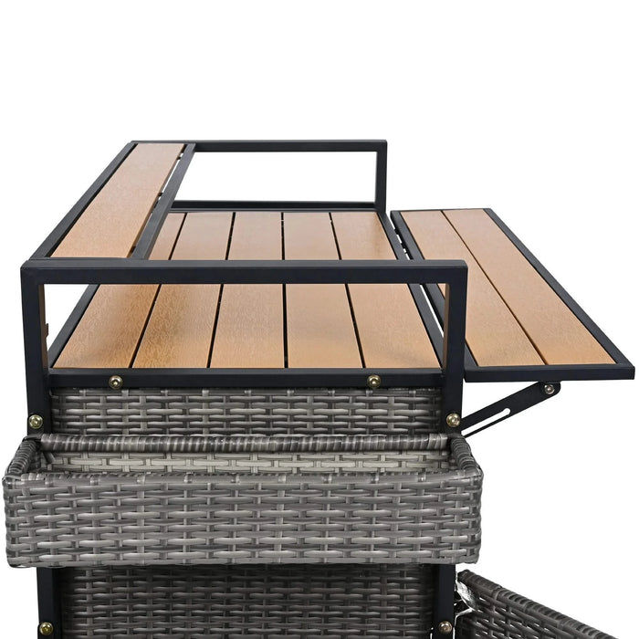 K&K 52.8'W Wicker Outdoor Grill Cart with Extended Plastic Wood Table Top, Rolling Kitchen Island on Wheels with Storage Cabinet, for Patio Backyard Garden Poolside, Double Handle Design, Grey Default -DTYStore