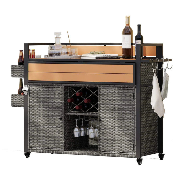 K&K 52.8'W Wicker Outdoor Grill Cart with Extended Plastic Wood Table Top, Rolling Kitchen Island on Wheels with Storage Cabinet, for Patio Backyard Garden Poolside, Double Handle Design, Grey Default -DTYStore