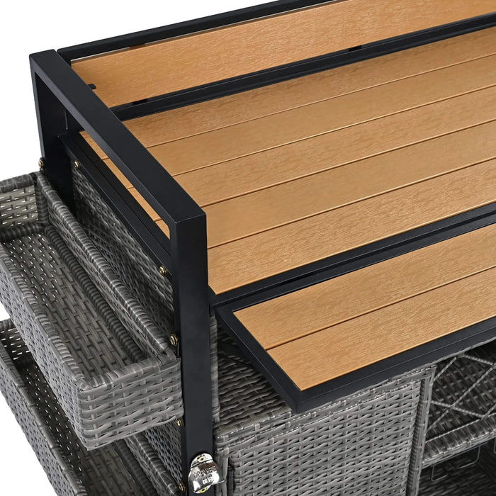 K&K 52.8'W Wicker Outdoor Grill Cart with Extended Plastic Wood Table Top, Rolling Kitchen Island on Wheels with Storage Cabinet, for Patio Backyard Garden Poolside, Double Handle Design, Grey Default -DTYStore