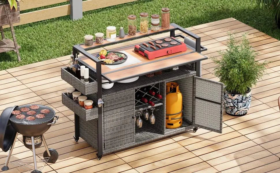 K&K 52.8'W Wicker Outdoor Grill Cart with Extended Plastic Wood Table Top, Rolling Kitchen Island on Wheels with Storage Cabinet, for Patio Backyard Garden Poolside, Double Handle Design, Grey Default -DTYStore