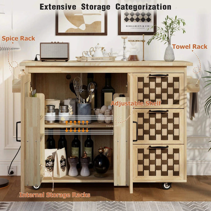 K&K 53.2'W 3D Woven Checkerboard Pattern Design Kitchen Island with Drop Leaf, Rolling Kitchen Island on Wheels with Internal Storage Rack, Power Outlet, Kitchen Cart with 3 Drawers 2 Cabinets, Nature Default -DTYStore
