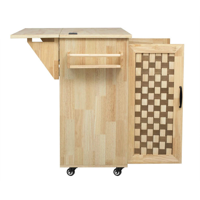 K&K 53.2'W 3D Woven Checkerboard Pattern Design Kitchen Island with Drop Leaf, Rolling Kitchen Island on Wheels with Internal Storage Rack, Power Outlet, Kitchen Cart with 3 Drawers 2 Cabinets, Nature Default -DTYStore