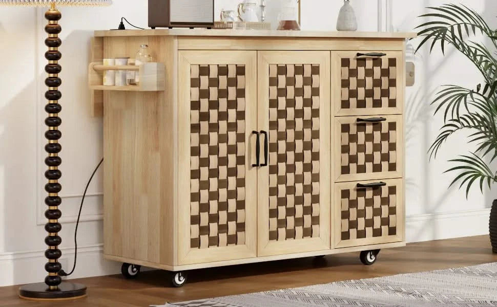 K&K 53.2'W 3D Woven Checkerboard Pattern Design Kitchen Island with Drop Leaf, Rolling Kitchen Island on Wheels with Internal Storage Rack, Power Outlet, Kitchen Cart with 3 Drawers 2 Cabinets, Nature Default -DTYStore