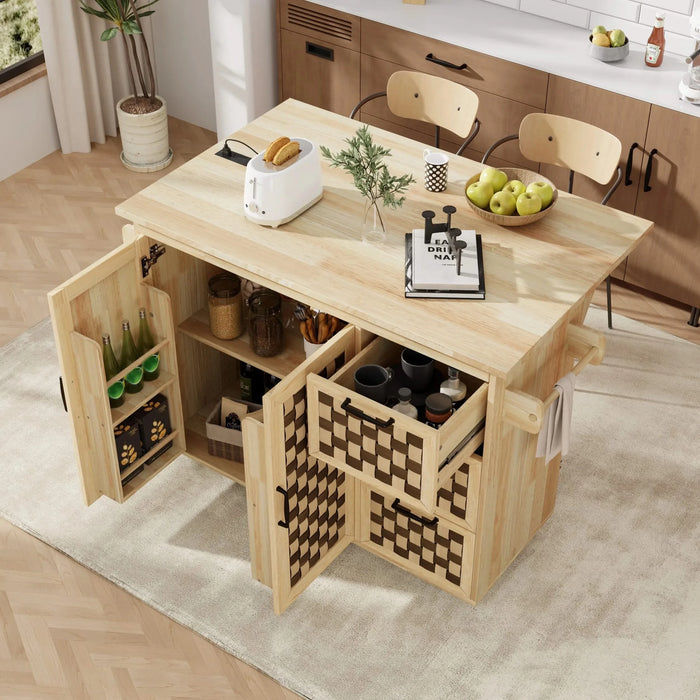 K&K 53.2'W 3D Woven Checkerboard Pattern Design Kitchen Island with Drop Leaf, Rolling Kitchen Island on Wheels with Internal Storage Rack, Power Outlet, Kitchen Cart with 3 Drawers 2 Cabinets, Nature Default -DTYStore