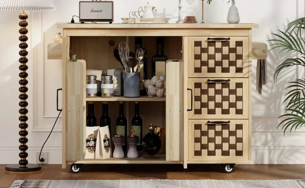 K&K 53.2'W 3D Woven Checkerboard Pattern Design Kitchen Island with Drop Leaf, Rolling Kitchen Island on Wheels with Internal Storage Rack, Power Outlet, Kitchen Cart with 3 Drawers 2 Cabinets, Nature Default -DTYStore