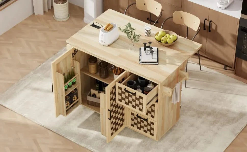 K&K 53.2'W 3D Woven Checkerboard Pattern Design Kitchen Island with Drop Leaf, Rolling Kitchen Island on Wheels with Internal Storage Rack, Power Outlet, Kitchen Cart with 3 Drawers 2 Cabinets, Nature Default -DTYStore