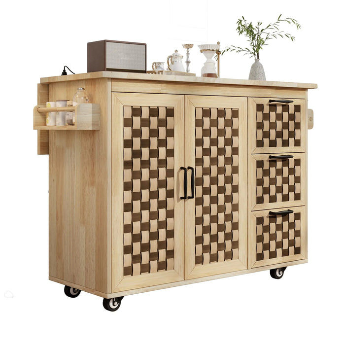 K&K 53.2'W 3D Woven Checkerboard Pattern Design Kitchen Island with Drop Leaf, Rolling Kitchen Island on Wheels with Internal Storage Rack, Power Outlet, Kitchen Cart with 3 Drawers 2 Cabinets, Nature Default -DTYStore