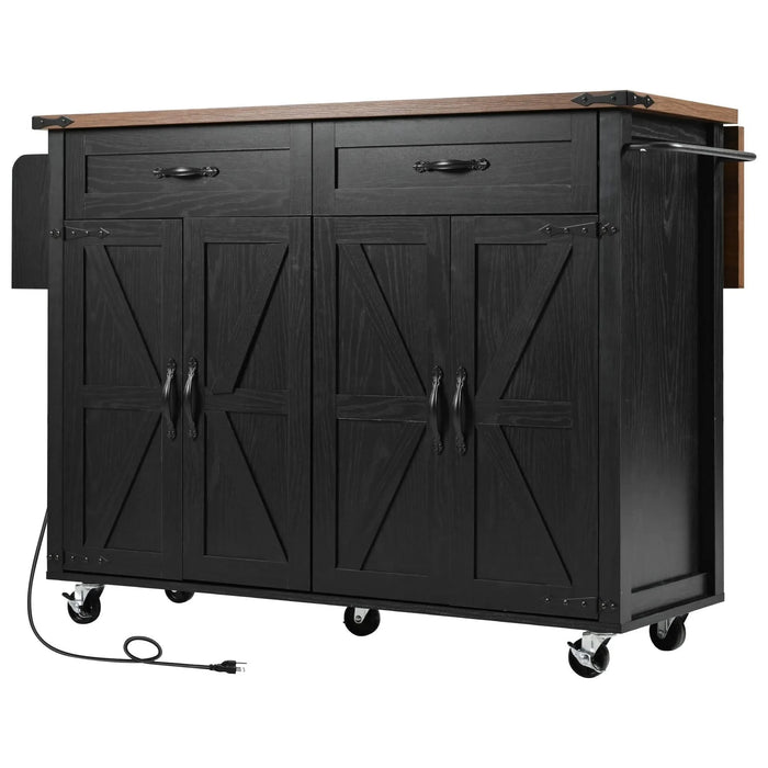 K&K 53.5''Farmhouse Kitchen Island with Power Outlet, Kitchen Storage Island with Drop Leaf, Spice Rack and Drawer, Rolling Kitchen Cart on Wheels, for Home, Kitchen and Dining Room, Black Default -DTYStore