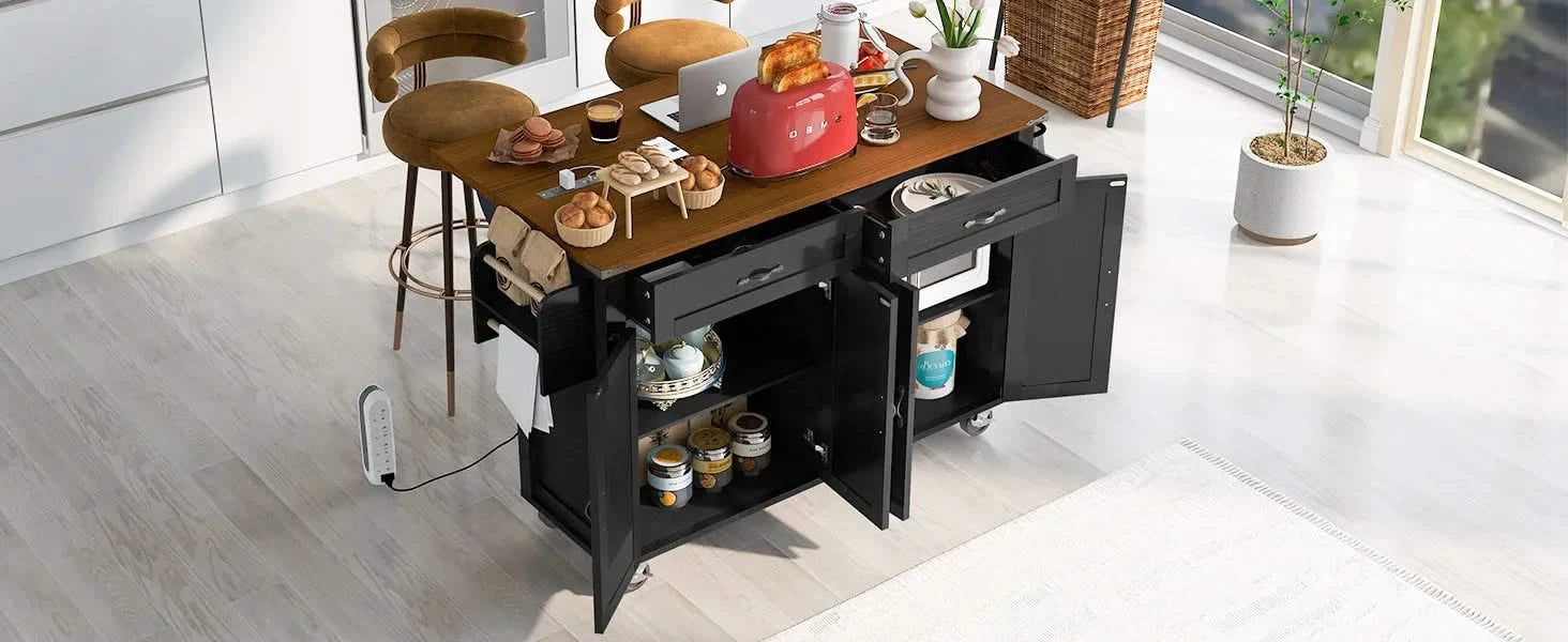 K&K 53.5''Farmhouse Kitchen Island with Power Outlet, Kitchen Storage Island with Drop Leaf, Spice Rack and Drawer, Rolling Kitchen Cart on Wheels, for Home, Kitchen and Dining Room, Black Default -DTYStore