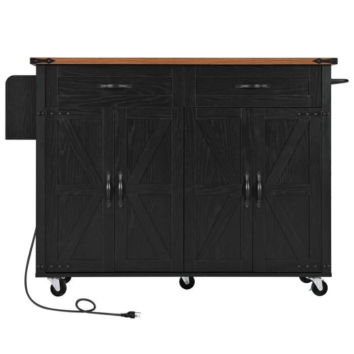 K&K 53.5''Farmhouse Kitchen Island with Power Outlet, Kitchen Storage Island with Drop Leaf, Spice Rack and Drawer, Rolling Kitchen Cart on Wheels, for Home, Kitchen and Dining Room, Black Default -DTYStore