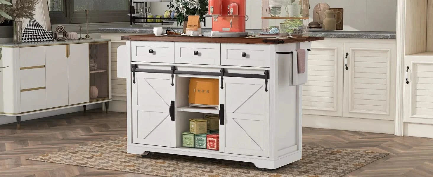 K&K 53.7' Farmhouse Kitchen Island with Power Outlet, 2 Sliding Barn Door Kitchen Storage Island with Drop Leaf, Spice Rack Rolling Kitchen Cart on Wheels, for Home, Kitchen and Dining Room, White Default -DTYStore