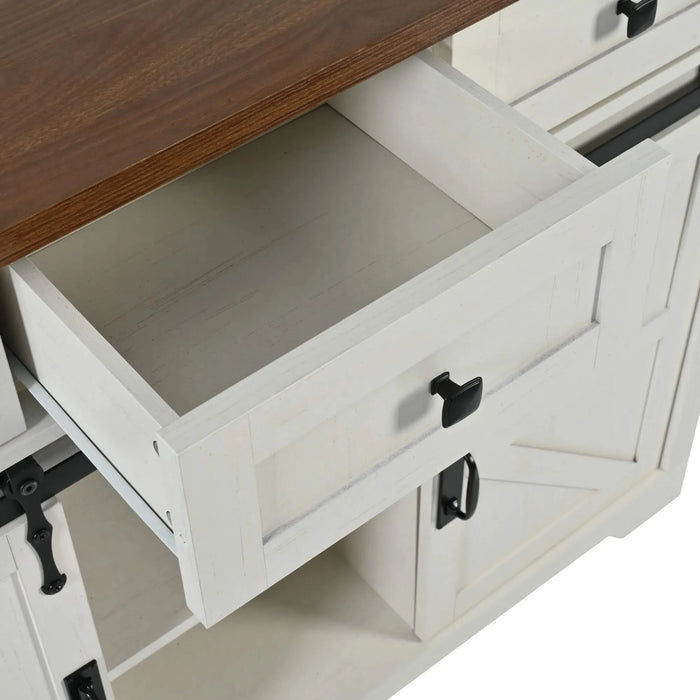 K&K 53.7' Farmhouse Kitchen Island with Power Outlet, 2 Sliding Barn Door Kitchen Storage Island with Drop Leaf, Spice Rack Rolling Kitchen Cart on Wheels, for Home, Kitchen and Dining Room, White Default -DTYStore