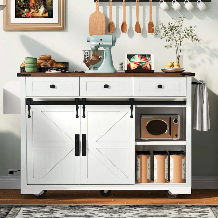 K&K 53.7' Farmhouse Kitchen Island with Power Outlet, 2 Sliding Barn Door Kitchen Storage Island with Drop Leaf, Spice Rack Rolling Kitchen Cart on Wheels, for Home, Kitchen and Dining Room, White Default -DTYStore