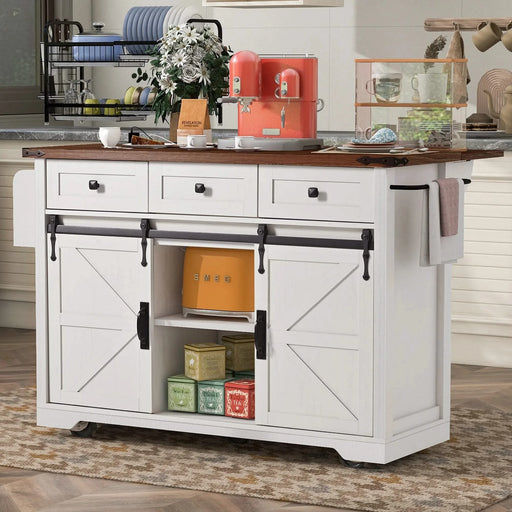 K&K 53.7' Farmhouse Kitchen Island with Power Outlet, 2 Sliding Barn Door Kitchen Storage Island with Drop Leaf, Spice Rack Rolling Kitchen Cart on Wheels, for Home, Kitchen and Dining Room, White Default -DTYStore
