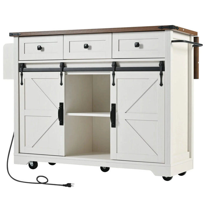 K&K 53.7' Farmhouse Kitchen Island with Power Outlet, 2 Sliding Barn Door Kitchen Storage Island with Drop Leaf, Spice Rack Rolling Kitchen Cart on Wheels, for Home, Kitchen and Dining Room, White Default -DTYStore