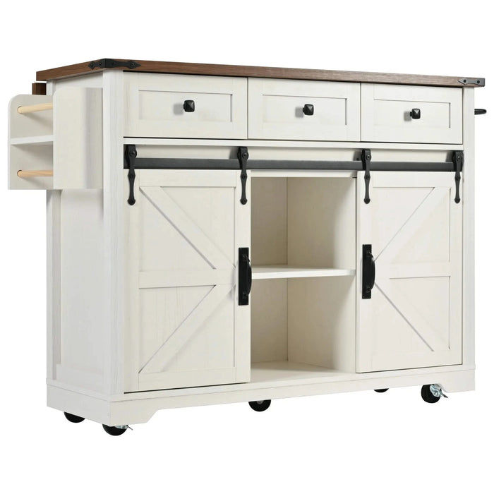 K&K 53.7' Farmhouse Kitchen Island with Power Outlet, 2 Sliding Barn Door Kitchen Storage Island with Drop Leaf, Spice Rack Rolling Kitchen Cart on Wheels, for Home, Kitchen and Dining Room, White Default -DTYStore