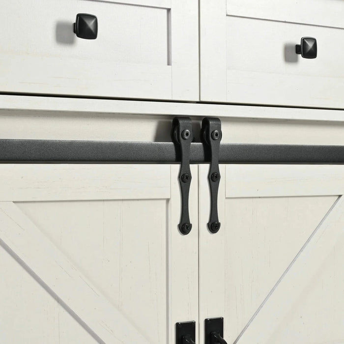 K&K 53.7' Farmhouse Kitchen Island with Power Outlet, 2 Sliding Barn Door Kitchen Storage Island with Drop Leaf, Spice Rack Rolling Kitchen Cart on Wheels, for Home, Kitchen and Dining Room, White Default -DTYStore