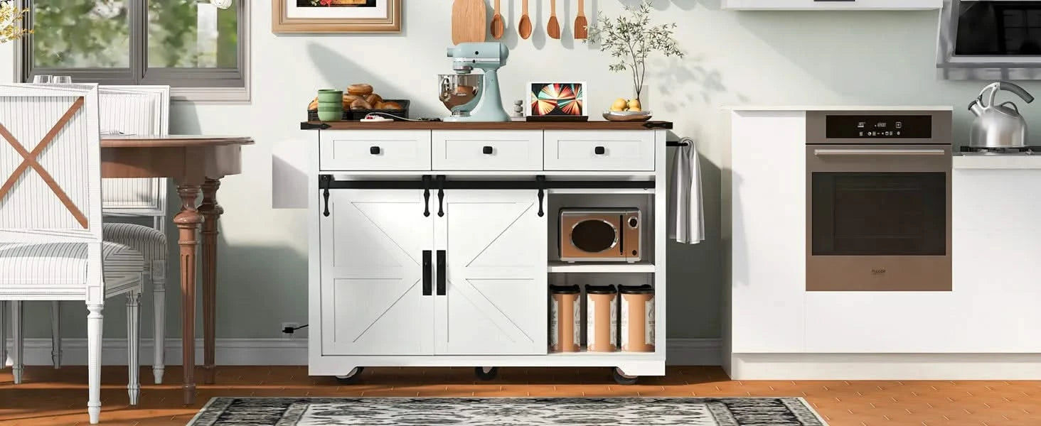 K&K 53.7' Farmhouse Kitchen Island with Power Outlet, 2 Sliding Barn Door Kitchen Storage Island with Drop Leaf, Spice Rack Rolling Kitchen Cart on Wheels, for Home, Kitchen and Dining Room, White Default -DTYStore