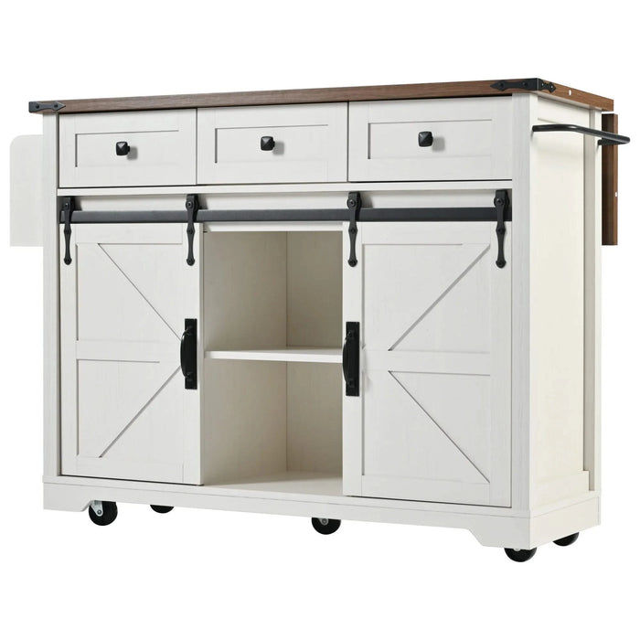 K&K 53.7' Farmhouse Kitchen Island with Power Outlet, 2 Sliding Barn Door Kitchen Storage Island with Drop Leaf, Spice Rack Rolling Kitchen Cart on Wheels, for Home, Kitchen and Dining Room, White Default -DTYStore