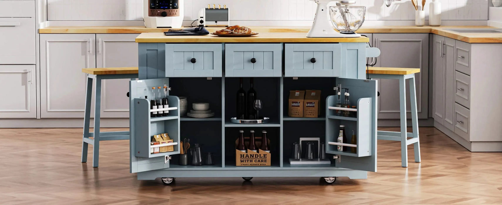 K&K 53inch Large Kitchen Island with 2 Bar Stools, Power Outlet,Door Internal Storage Rack,Kitchen Storage Cart on 5 Wheels with Drop Leaf,5 Open Side Racks,3 Drawers for Kitchen,Dining Room,Grey Blue Default -DTYStore