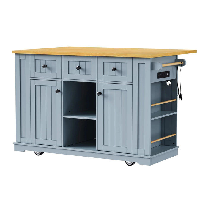 K&K 53inch Large Kitchen Island with 2 Bar Stools, Power Outlet,Door Internal Storage Rack,Kitchen Storage Cart on 5 Wheels with Drop Leaf,5 Open Side Racks,3 Drawers for Kitchen,Dining Room,Grey Blue Default -DTYStore