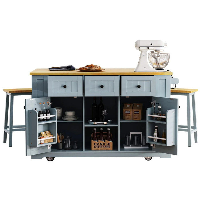 K&K 53inch Large Kitchen Island with 2 Bar Stools, Power Outlet,Door Internal Storage Rack,Kitchen Storage Cart on 5 Wheels with Drop Leaf,5 Open Side Racks,3 Drawers for Kitchen,Dining Room,Grey Blue Default -DTYStore