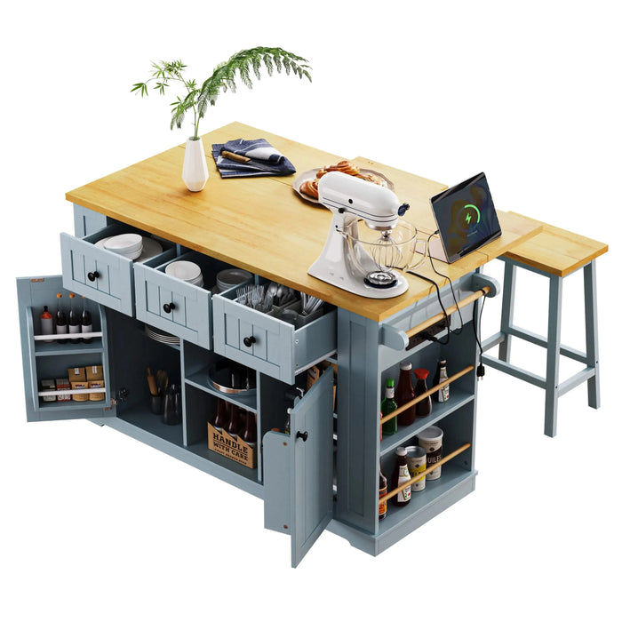 K&K 53inch Large Kitchen Island with 2 Bar Stools, Power Outlet,Door Internal Storage Rack,Kitchen Storage Cart on 5 Wheels with Drop Leaf,5 Open Side Racks,3 Drawers for Kitchen,Dining Room,Grey Blue Default -DTYStore