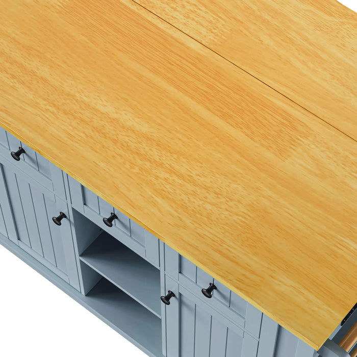 K&K 53inch Large Kitchen Island with 2 Bar Stools, Power Outlet,Door Internal Storage Rack,Kitchen Storage Cart on 5 Wheels with Drop Leaf,5 Open Side Racks,3 Drawers for Kitchen,Dining Room,Grey Blue Default -DTYStore