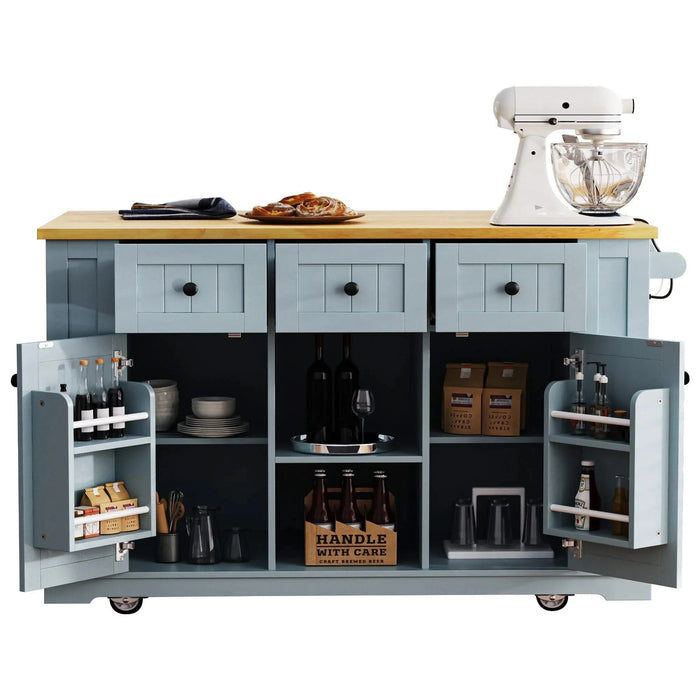 K&K 53inch Large Kitchen Island with 2 Bar Stools, Power Outlet,Door Internal Storage Rack,Kitchen Storage Cart on 5 Wheels with Drop Leaf,5 Open Side Racks,3 Drawers for Kitchen,Dining Room,Grey Blue Default -DTYStore