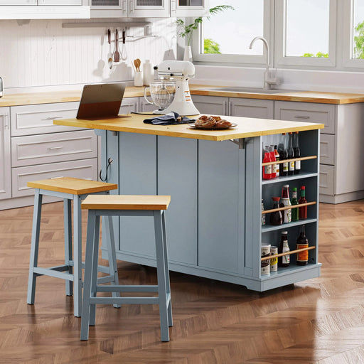 K&K 53inch Large Kitchen Island with 2 Bar Stools, Power Outlet,Door Internal Storage Rack,Kitchen Storage Cart on 5 Wheels with Drop Leaf,5 Open Side Racks,3 Drawers for Kitchen,Dining Room,Grey Blue Default -DTYStore