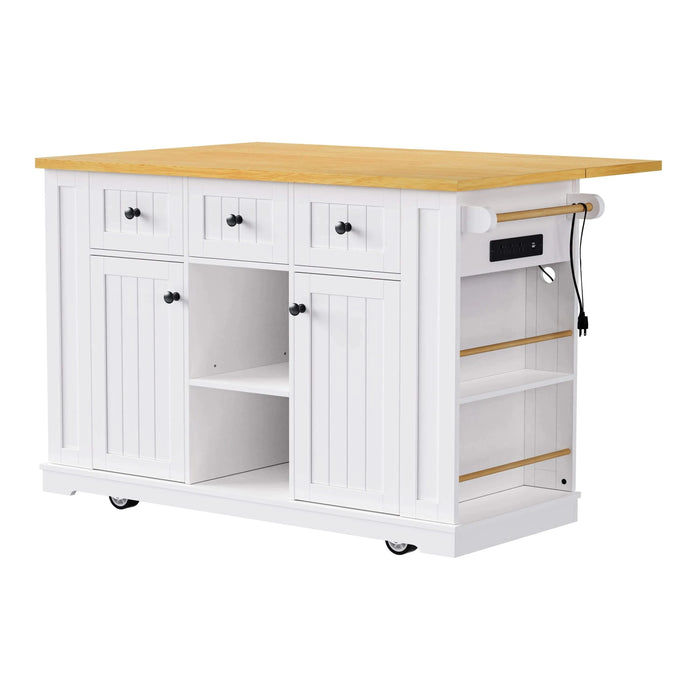 K&K 53inch Large Kitchen Island with 2 Bar Stools, Power Outlet,Door Internal Storage Rack, Kitchen Storage Cart on 5 Wheels with Drop Leaf, 5 Open Side Racks, 3 Drawers, for Kitchen,Dining Room,White Default -DTYStore