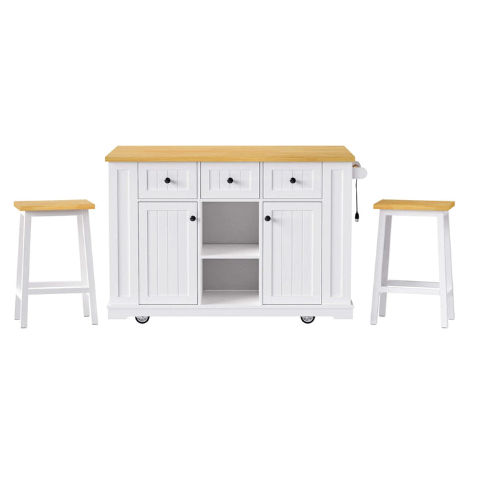 K&K 53inch Large Kitchen Island with 2 Bar Stools, Power Outlet,Door Internal Storage Rack, Kitchen Storage Cart on 5 Wheels with Drop Leaf, 5 Open Side Racks, 3 Drawers, for Kitchen,Dining Room,White Default -DTYStore