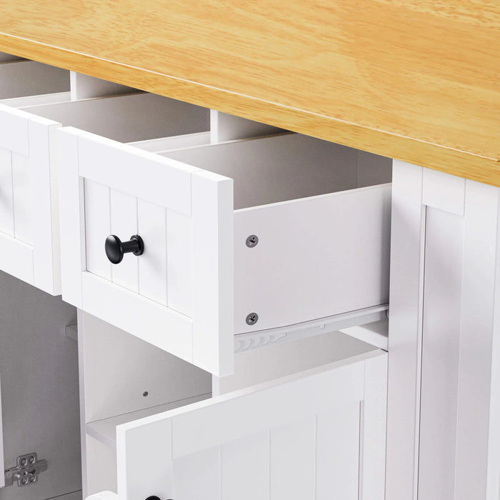 K&K 53inch Large Kitchen Island with 2 Bar Stools, Power Outlet,Door Internal Storage Rack, Kitchen Storage Cart on 5 Wheels with Drop Leaf, 5 Open Side Racks, 3 Drawers, for Kitchen,Dining Room,White Default -DTYStore