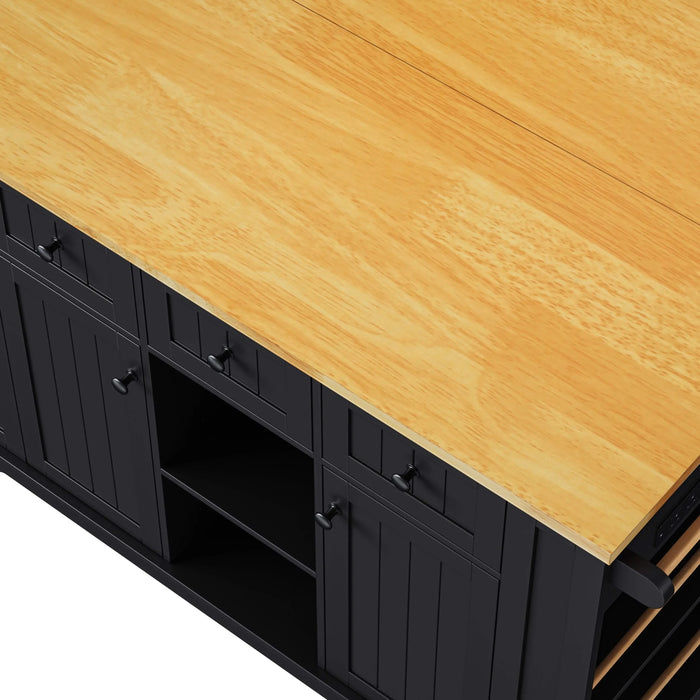 K&K 53inch Large Kitchen Island with Drop Leaf, Power Outlet, Door Internal Storage Rack, Rolling Kitchen Cart on 5 Wheels with 5 Open Side Racks for Kitchen, Dining Room,Black(Not include bar stools) Default -DTYStore